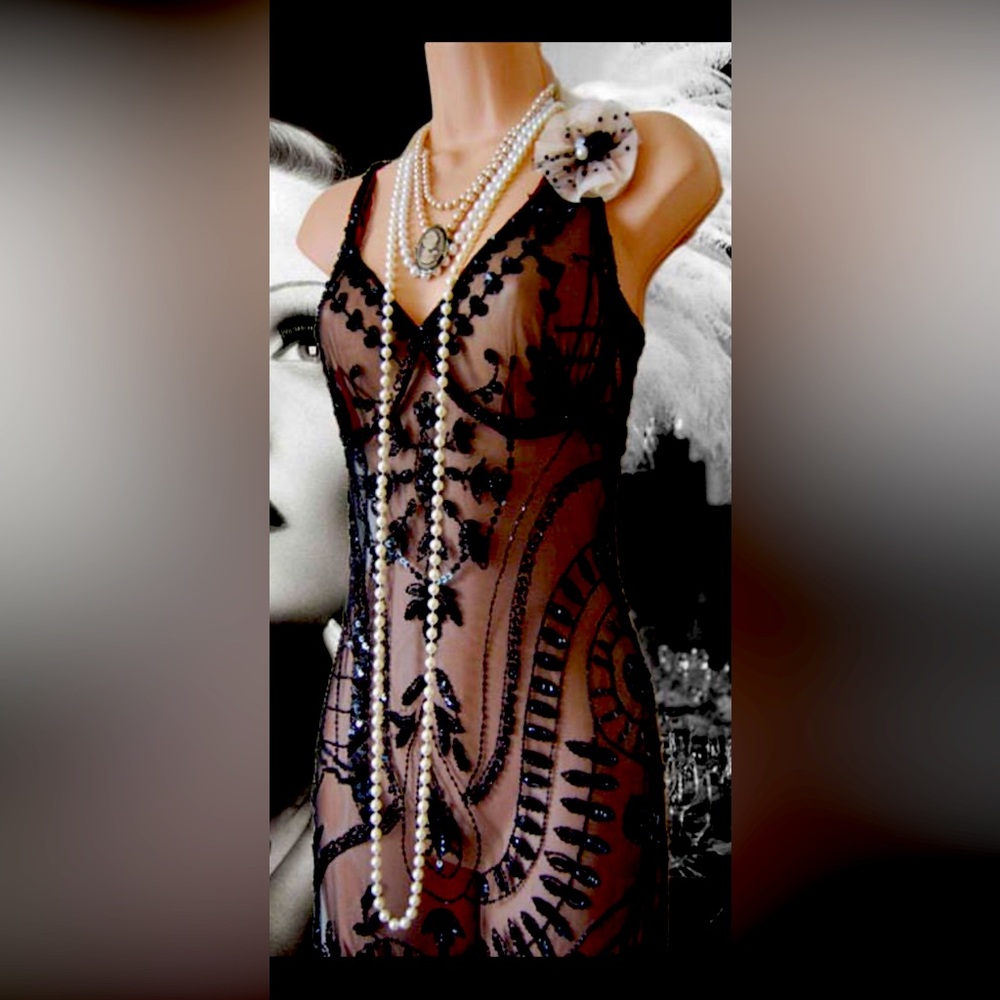 Art Deco Gothic Steampunk Vintage full beaded gown w/ burgundy bodice US 4 UK 8
